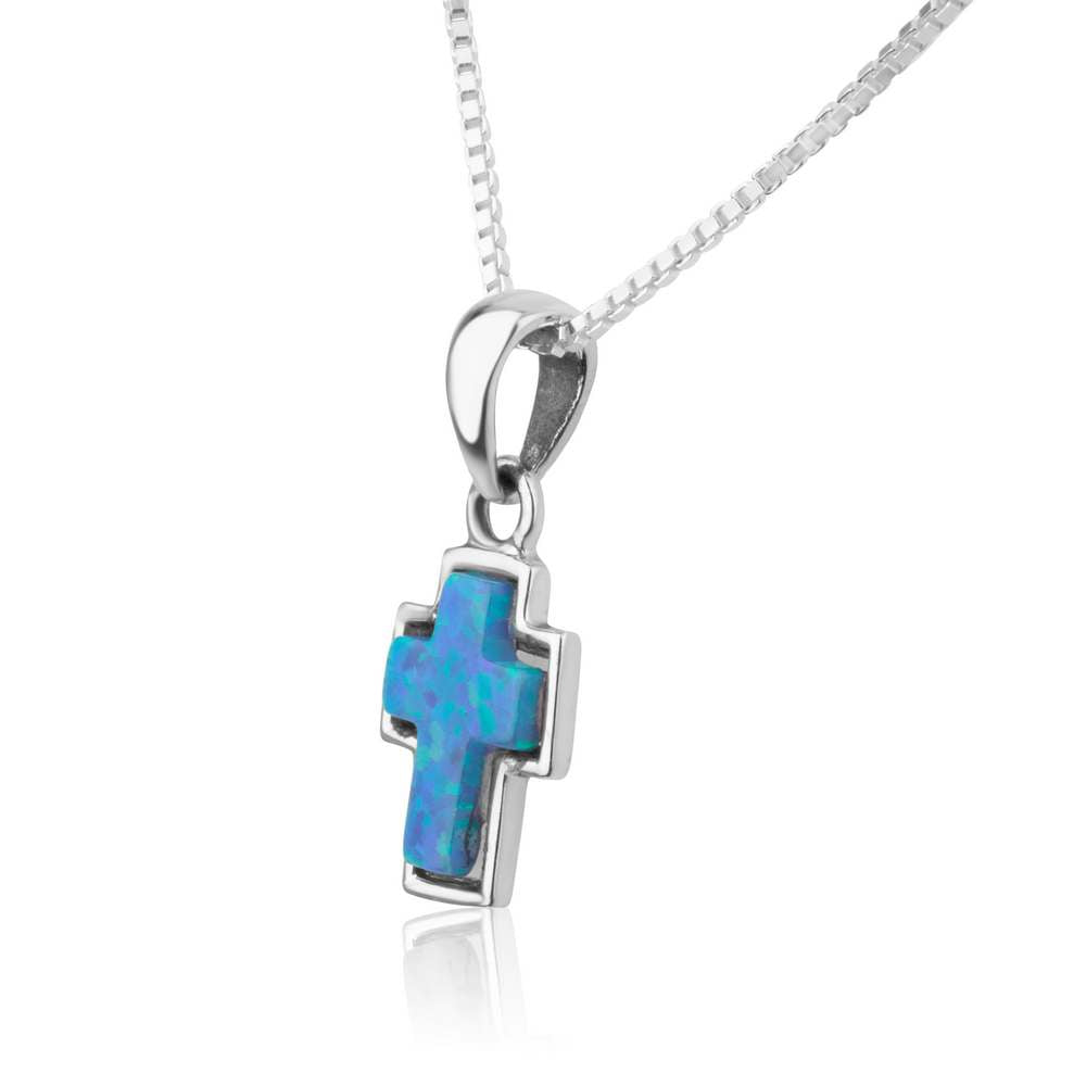 Blue Opal Cross Pendant Necklace, Silver Bezel Frame, 925 Sterling Silver – side view