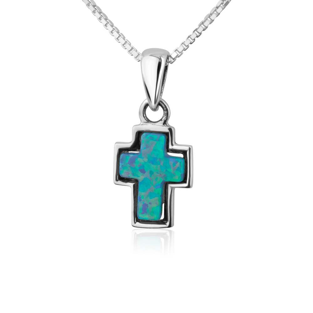 Blue Opal Cross Pendant Necklace, Silver Bezel Frame, 925 Sterling Silver
