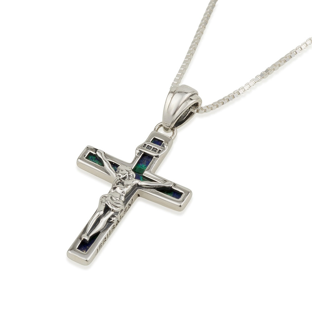Eilat stone crucifix pendant necklace in 925 sterling silver with Jerusalem engraving by Marina Jewelry