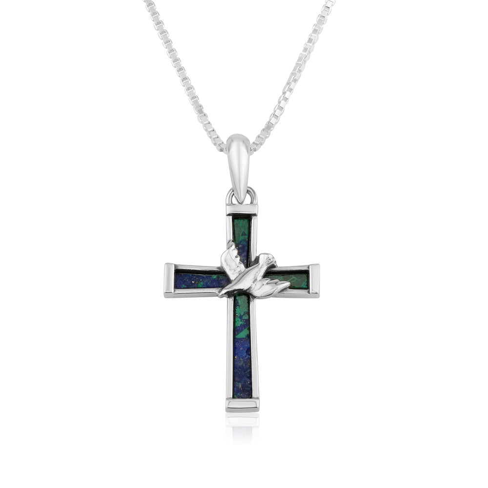 Eilat stone cross and dove pendant necklace in 925 sterling silver by Marina Jewelry