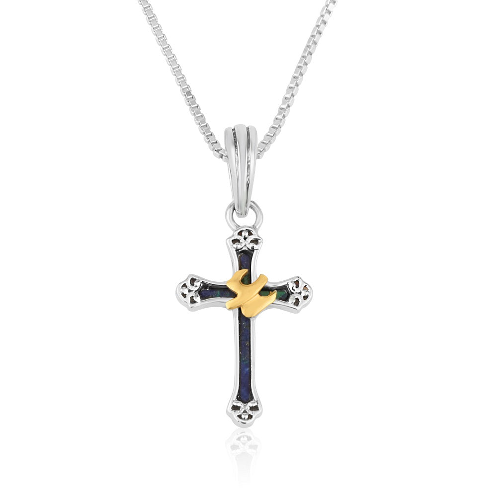 Eilat stone cross with gold dove pendant necklace in 925 sterling silver by Marina Jewelry
