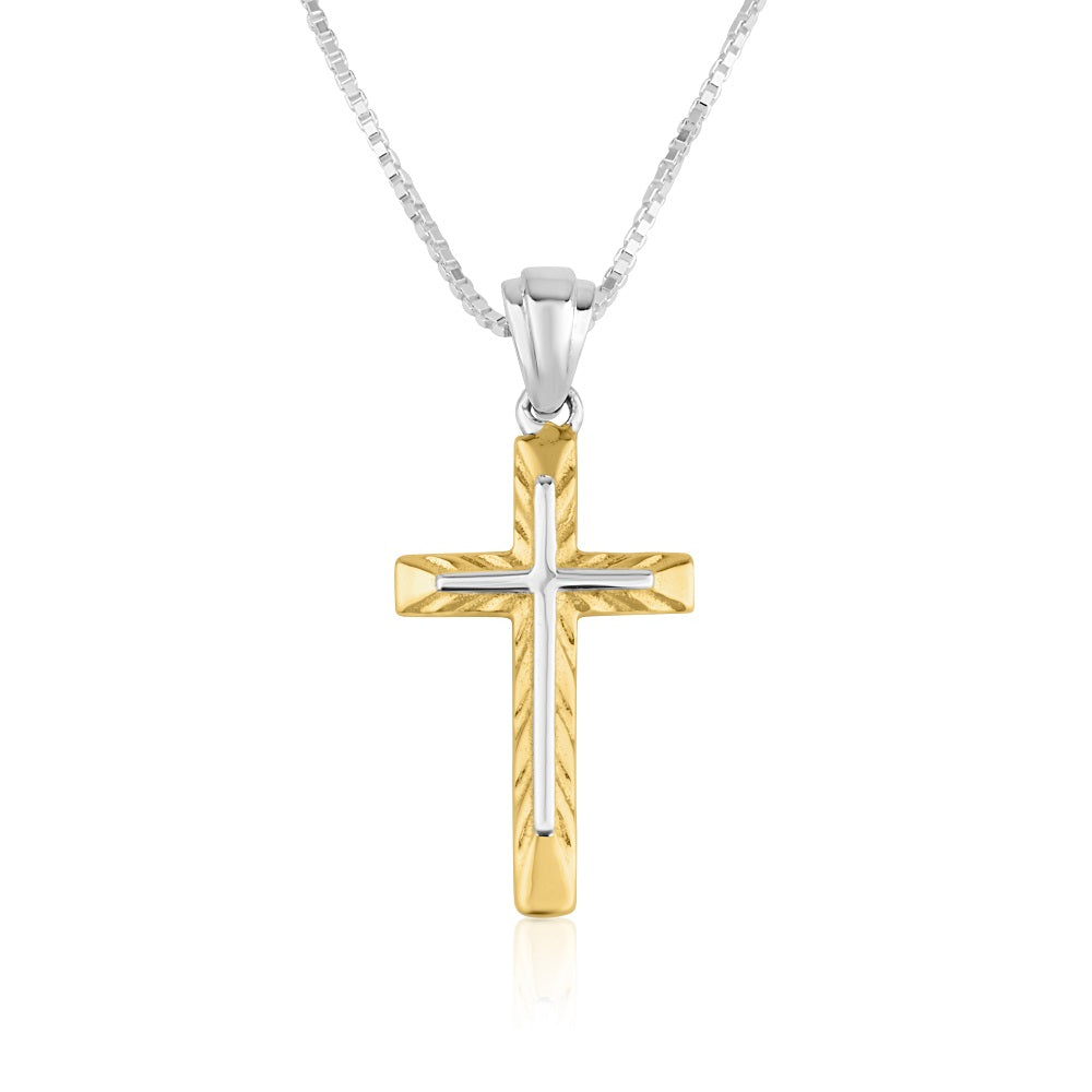 Large two-tone crucifix pendant necklace in gold-plated 925 sterling silver by Marina Jewelry