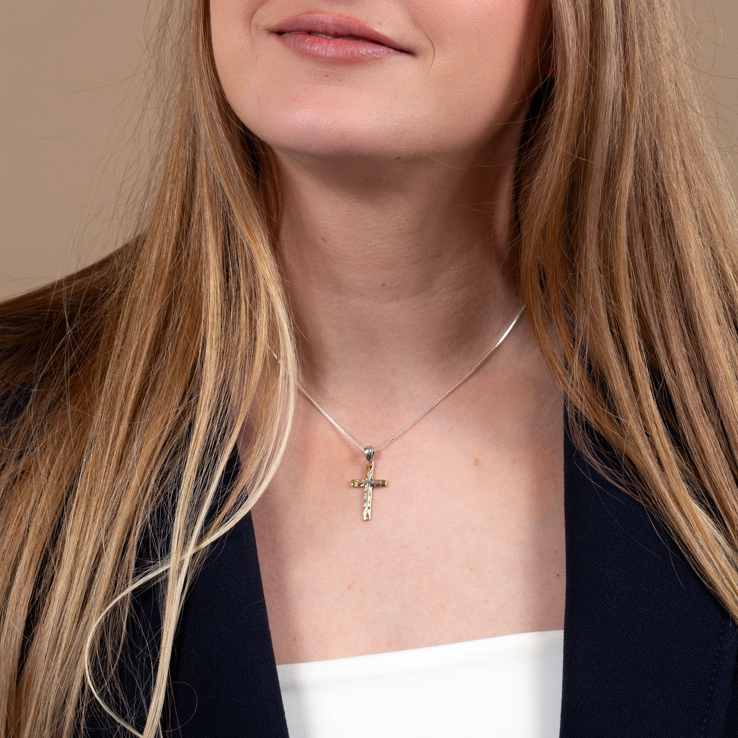 Two-Tone Diamond-Cut Cross Pendant Necklace in Gold-Plated 925 Sterling Silver, Large – shown worn, close-up
