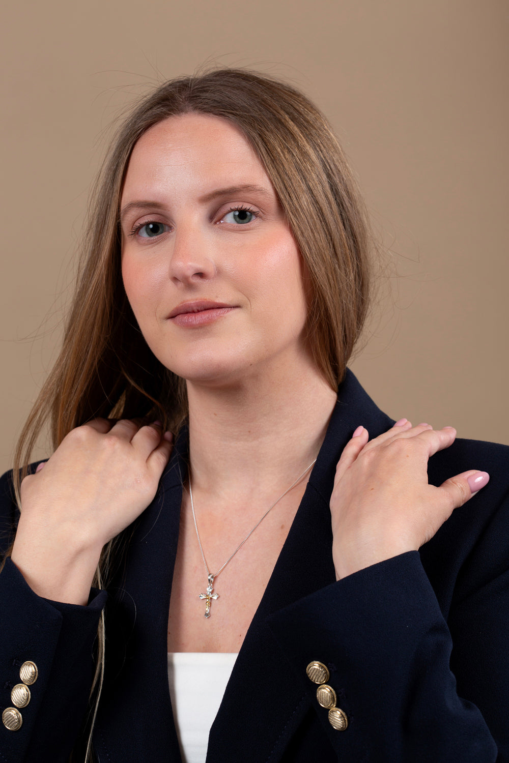 Two-Tone Crucifix Pendant Necklace in Gold-Plated 925 Sterling Silver – shown worn