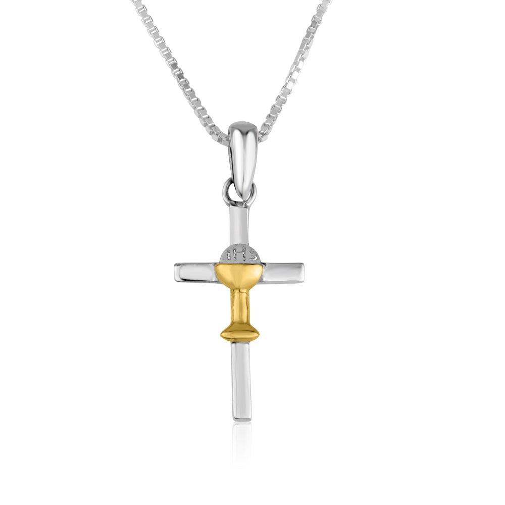 Slim two-tone crucifix pendant necklace gold plated sterling silver - Marina Jewelry Holy Land