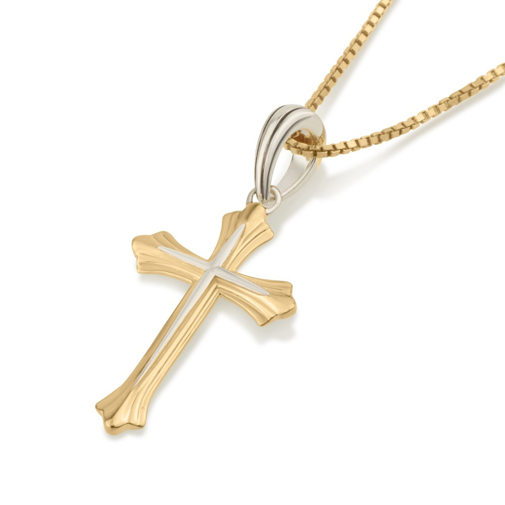 Two-tone flared cross pendant necklace, large, in gold-plated 925 sterling silver by Marina Jewelry