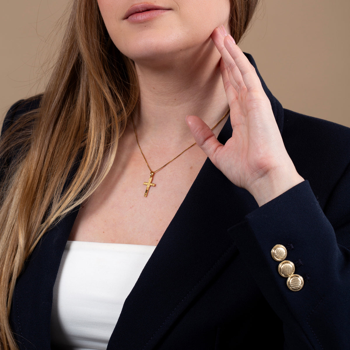 Milgrain Cross Pendant Necklace in Gold-Plated 925 Sterling Silver – shown worn