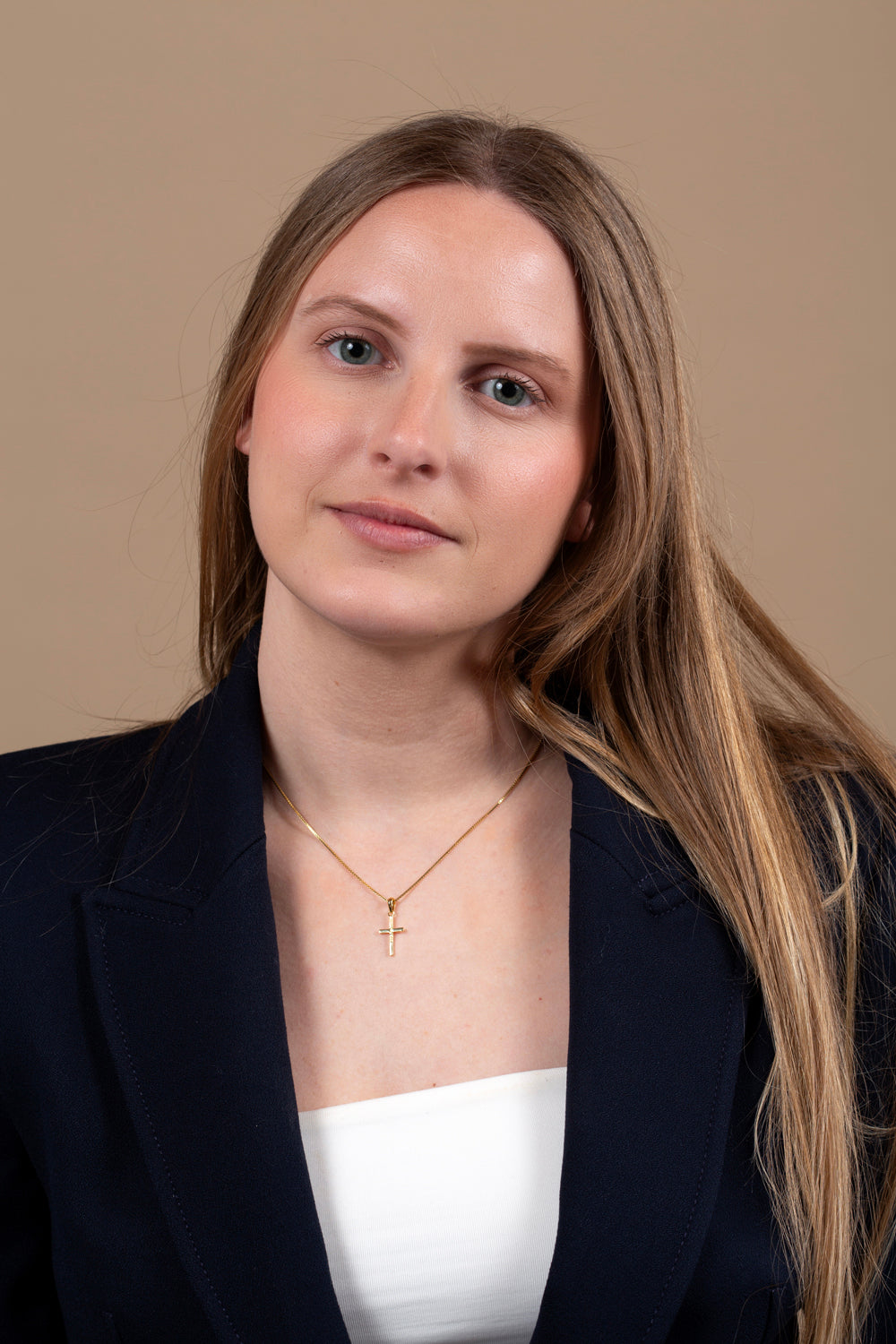 Plain Cross Pendant Necklace in Gold-Plated 925 Sterling Silver – shown worn