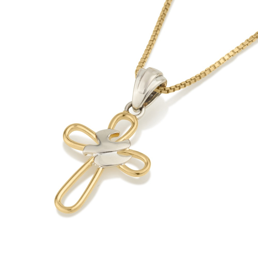 Cross pendant necklace with gold loop outline and silver dove by Marina Jewelry