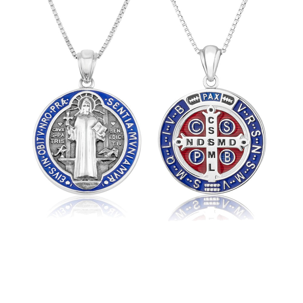 Saint Benedict Medal pendant necklace in 925 sterling silver with blue and red enamel by Marina Jewelry