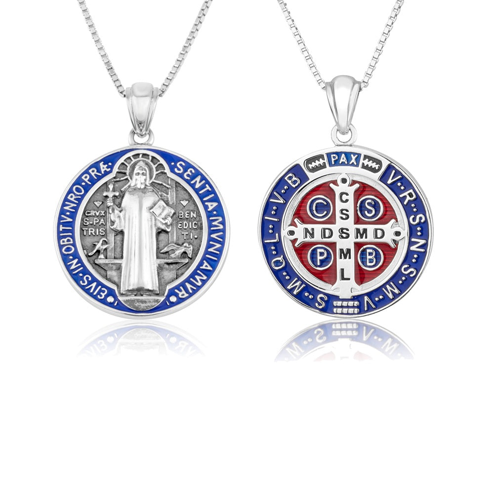 Saint Benedict Medal pendant necklace in 925 sterling silver with blue and red enamel by Marina Jewelry