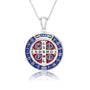 Saint Benedict Medal Pendant Necklace in 925 Sterling Silver, Blue & Red Enamel – back view