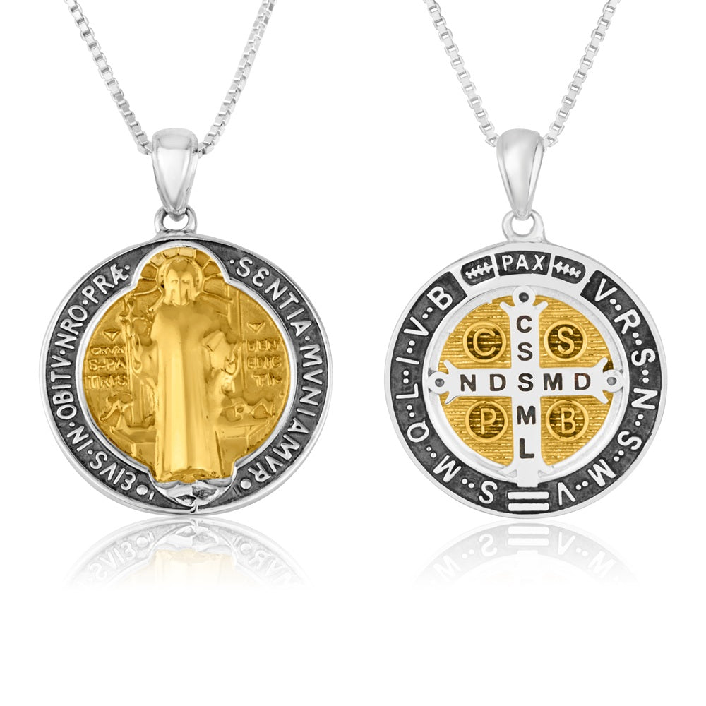 Two-tone Saint Benedict Figure Medal pendant necklace in 925 sterling silver with gold accents by Marina Jewelry