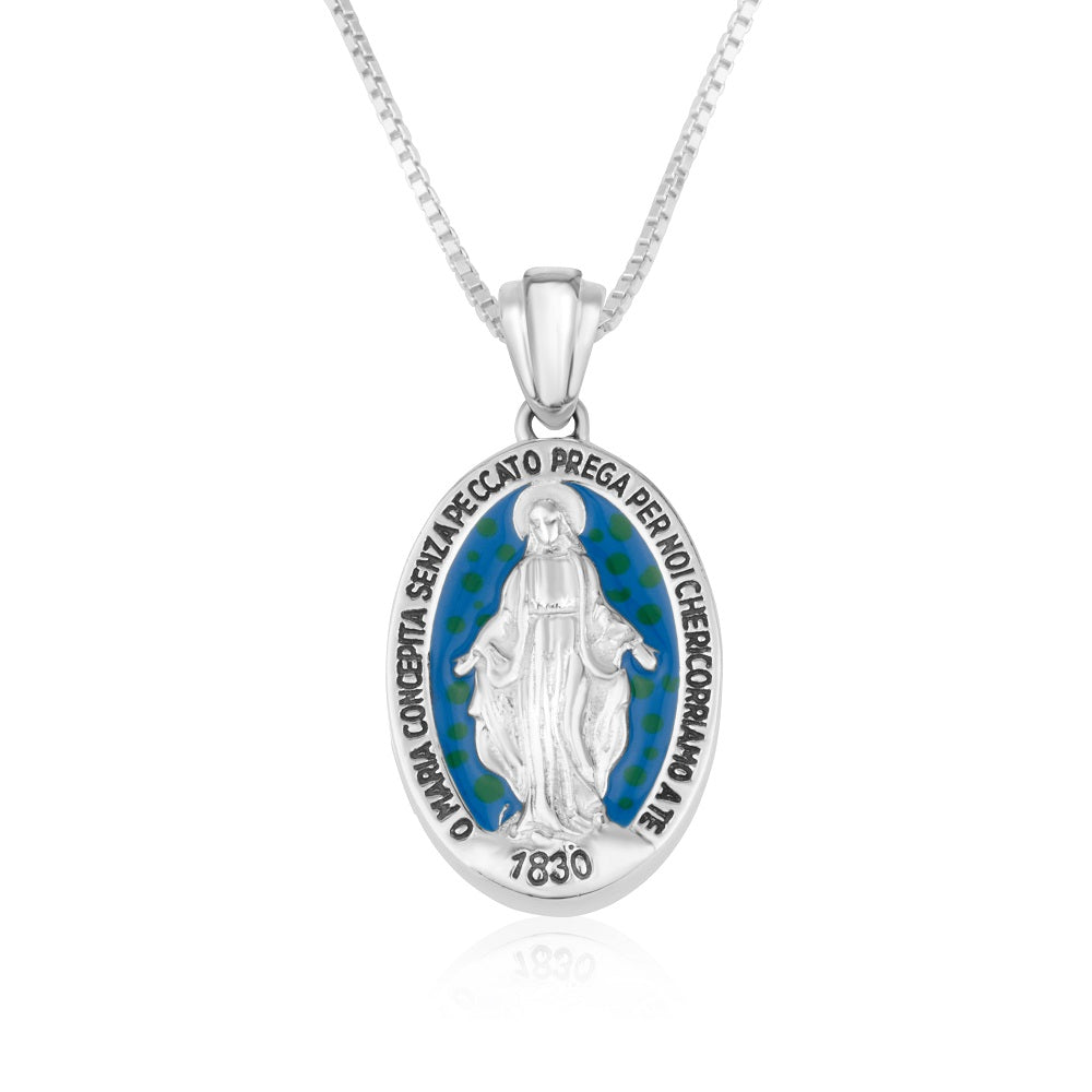 Miraculous Medal pendant necklace in 925 sterling silver with Italian inscription and mottled enamel by Marina Jewelry