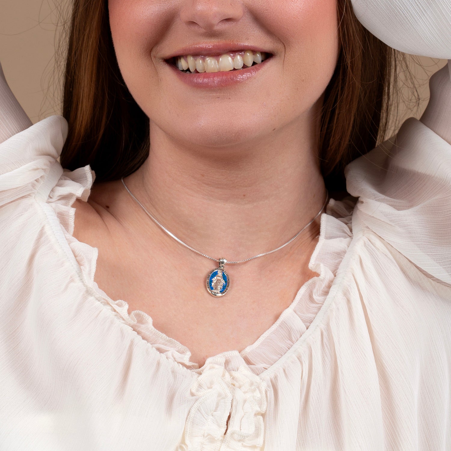 Miraculous Medal Pendant Necklace in 925 Sterling Silver, Italian Inscription – shown worn