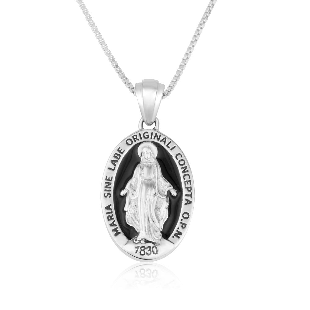 Miraculous Medal Pendant Necklace in 925 Sterling Silver, Black Enamel