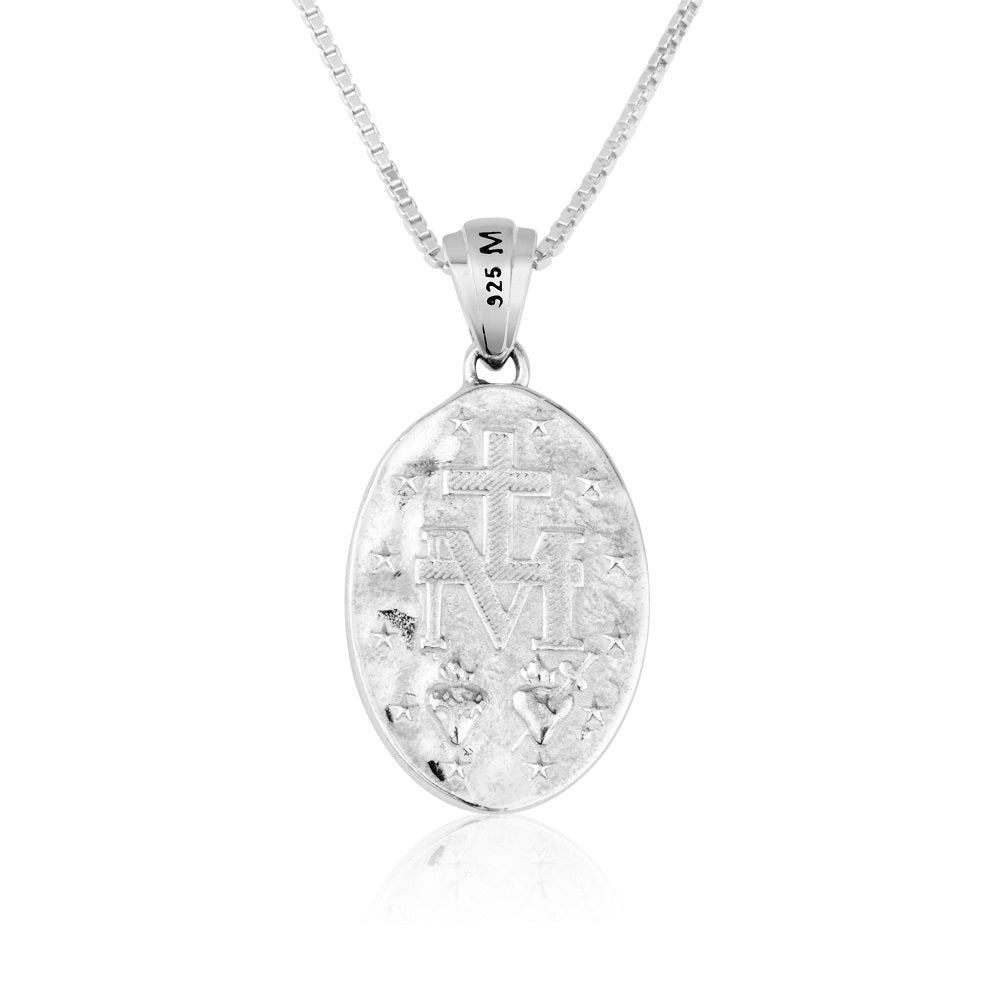 Miraculous Medal Pendant Necklace in 925 Sterling Silver, Black Enamel – back view