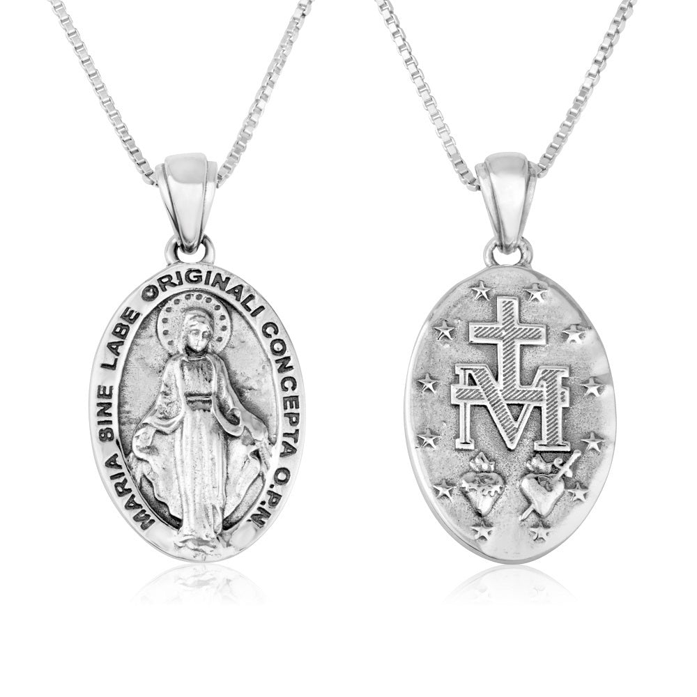 Miraculous Medal pendant necklace in oxidized 925 sterling silver by Marina Jewelry