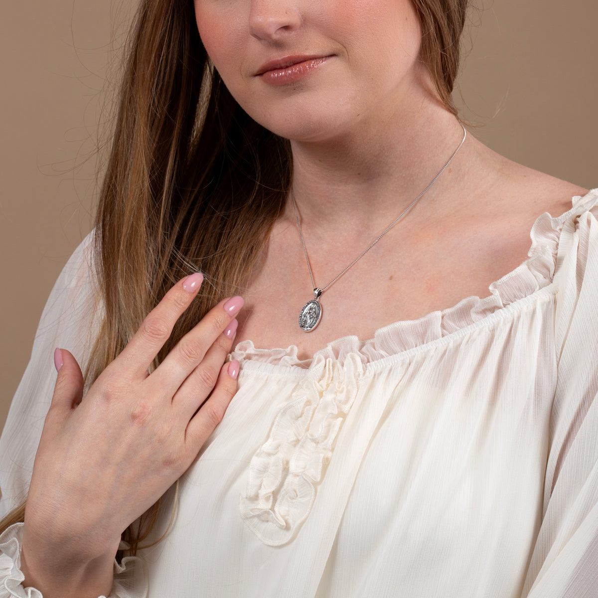 Miraculous Medal Pendant Necklace in Oxidized 925 Sterling Silver, Plain Oval – shown worn