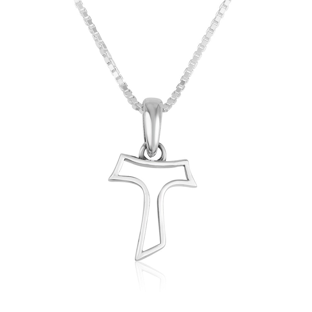 Open outline Tau cross pendant necklace in 925 sterling silver by Marina Jewelry