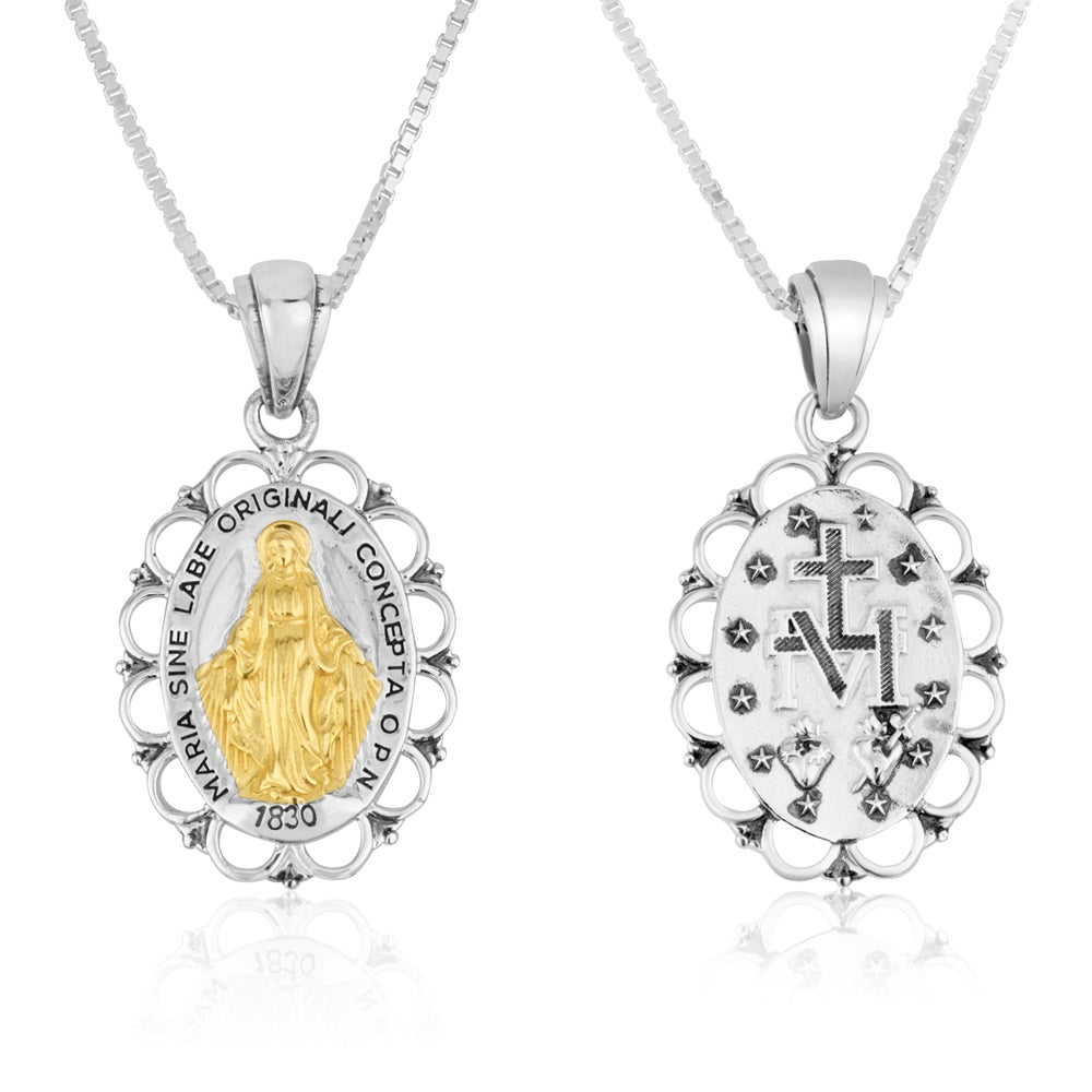 Two-tone Miraculous Medal pendant necklace in 925 sterling silver with rope border by Marina Jewelry