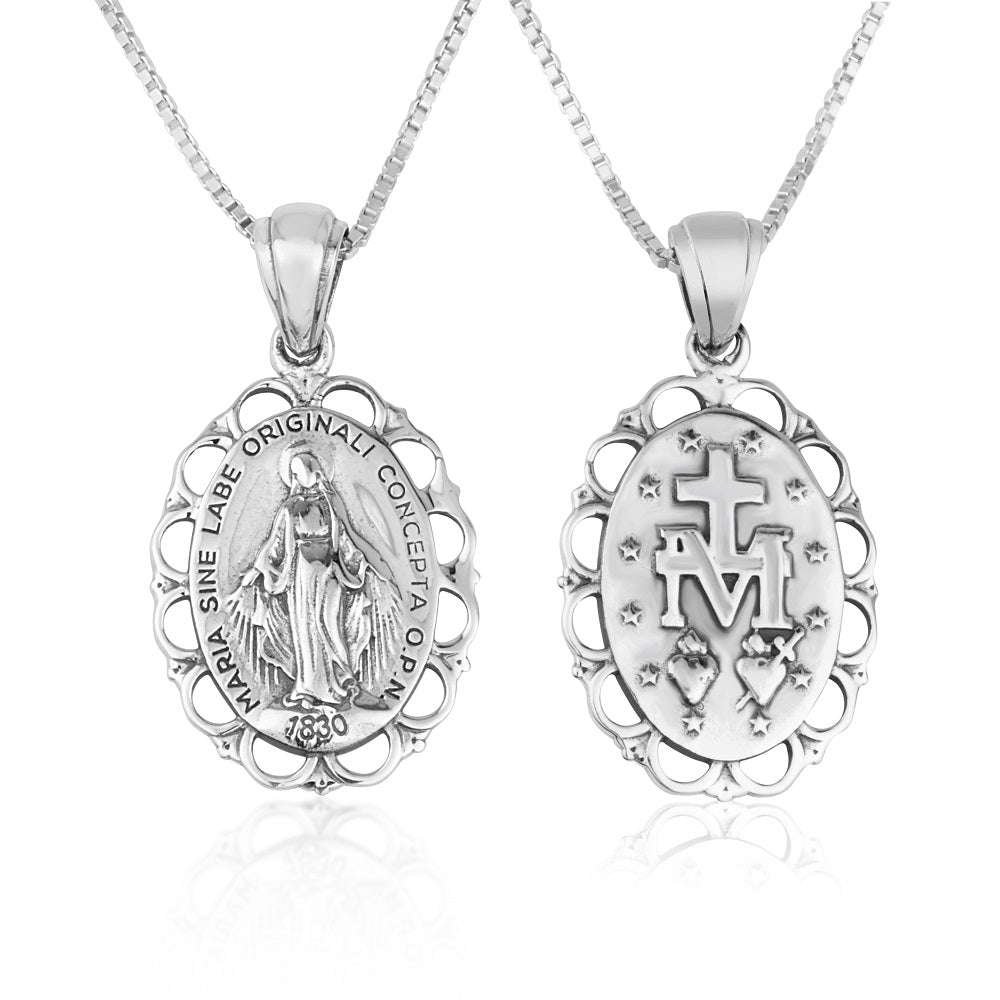Miraculous Medal pendant necklace in 925 sterling silver with rope border by Marina Jewelry