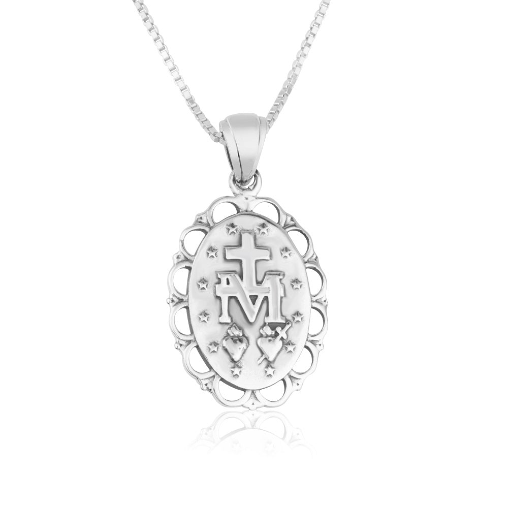 Miraculous Medal Pendant Necklace in 925 Sterling Silver, Rope Border – back view