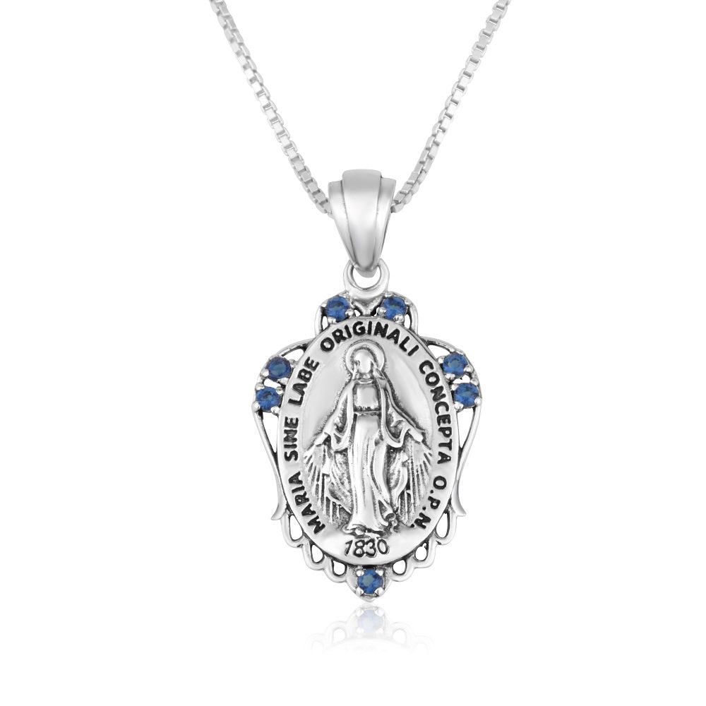 Miraculous Medal pendant necklace in oxidized 925 sterling silver with blue stone accents by Marina Jewelry