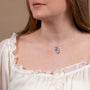 Miraculous Medal Pendant Necklace, Dark Blue Stones, Oxidized 925 Sterling Silver – shown worn