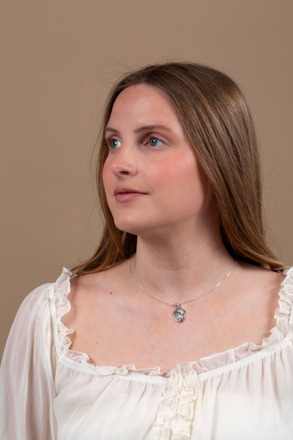 Miraculous Medal Pendant Necklace, Dark Blue Stones, Oxidized 925 Sterling Silver – shown worn