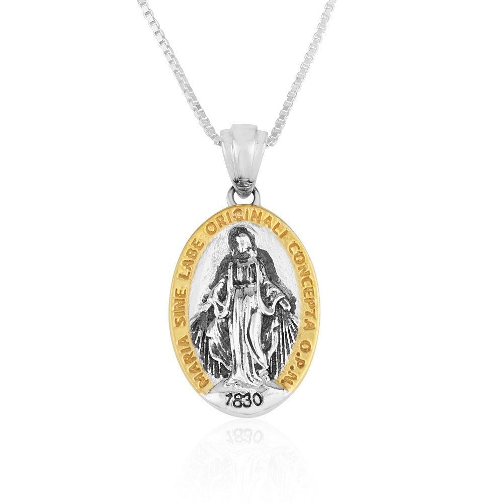 Miraculous Medal Pendant Necklace in 925 Sterling Silver, Gold Border