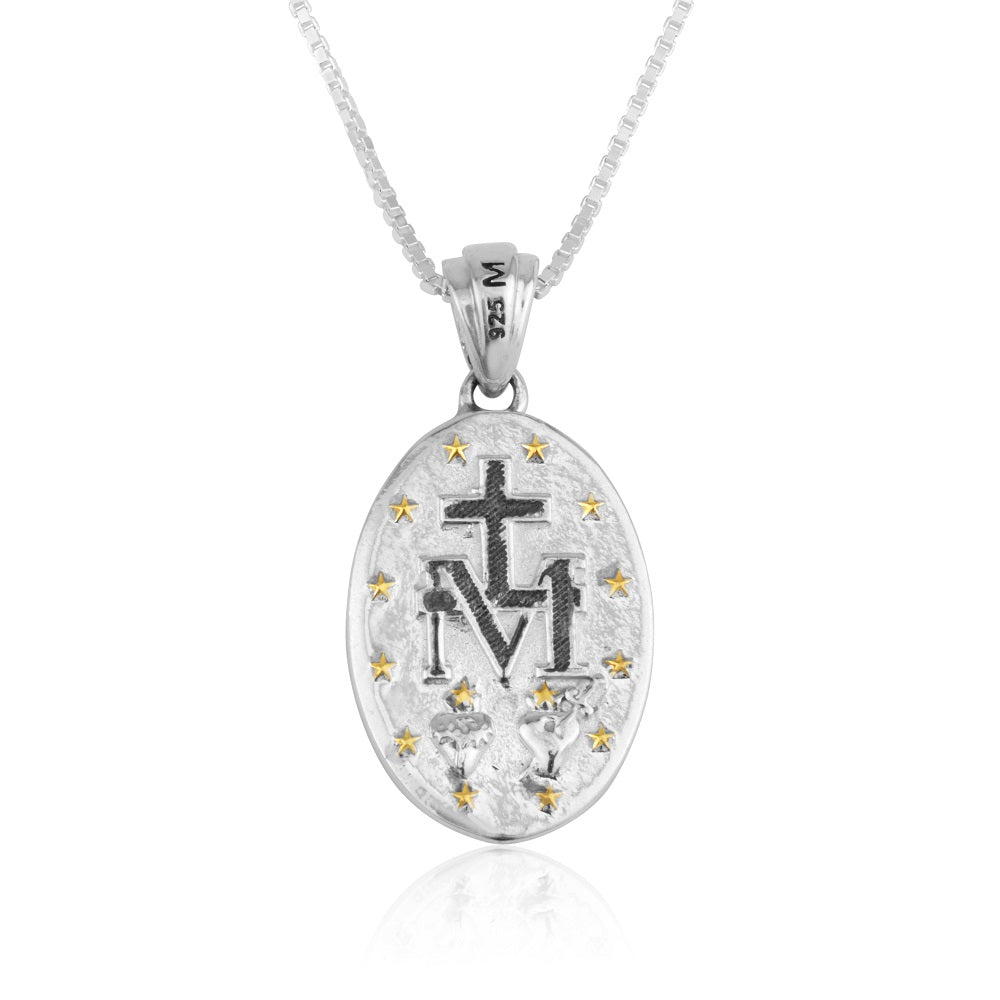 Miraculous Medal Pendant Necklace in 925 Sterling Silver, Gold Border – back view