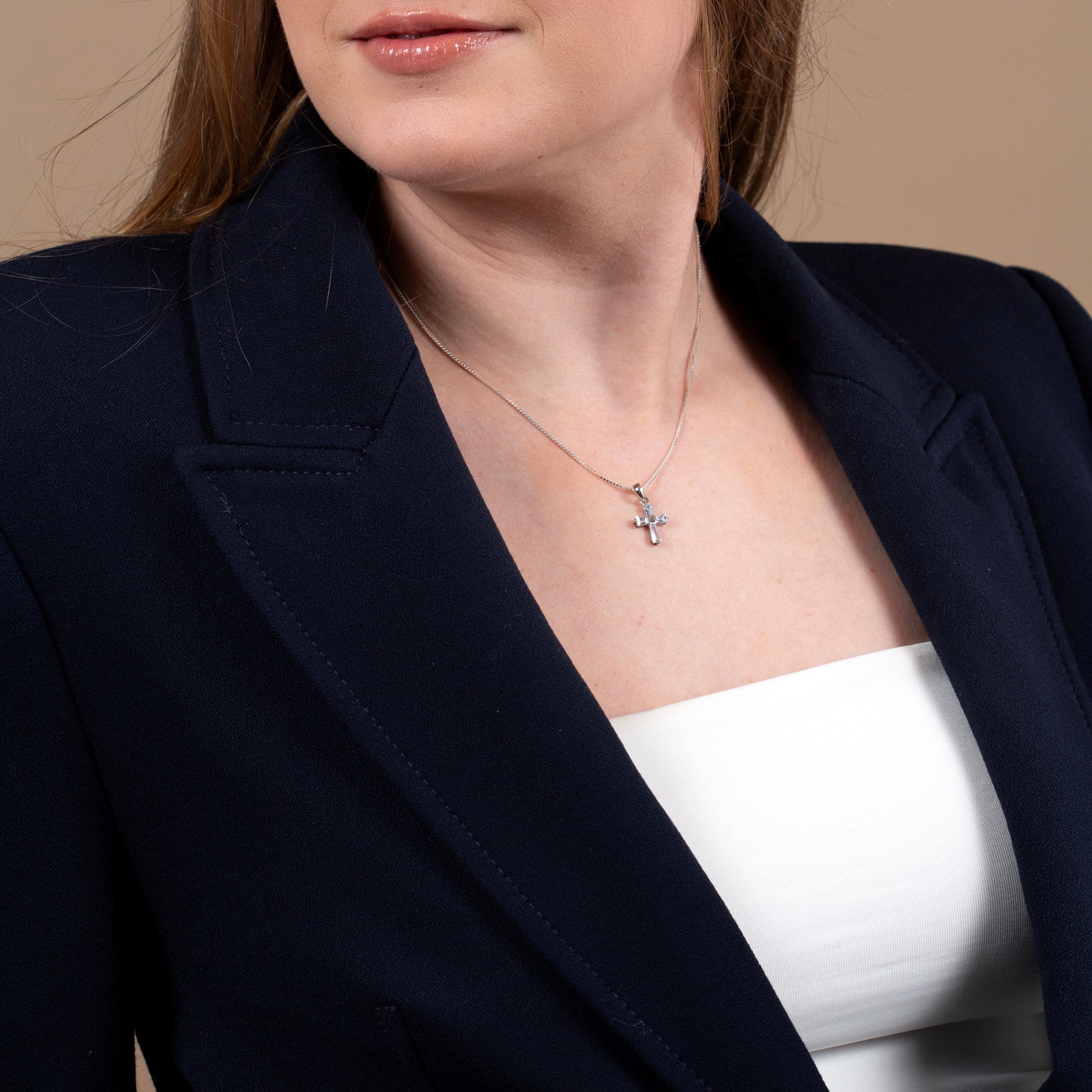 Trefoil Cross Pendant Necklace in 925 Sterling Silver with Cubic Zirconia – shown worn