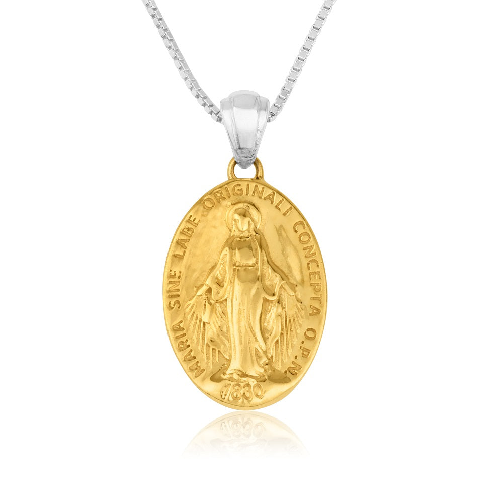 Miraculous Medal Pendant Necklace in Gold-Plated 925 Sterling Silver, Full Gold
