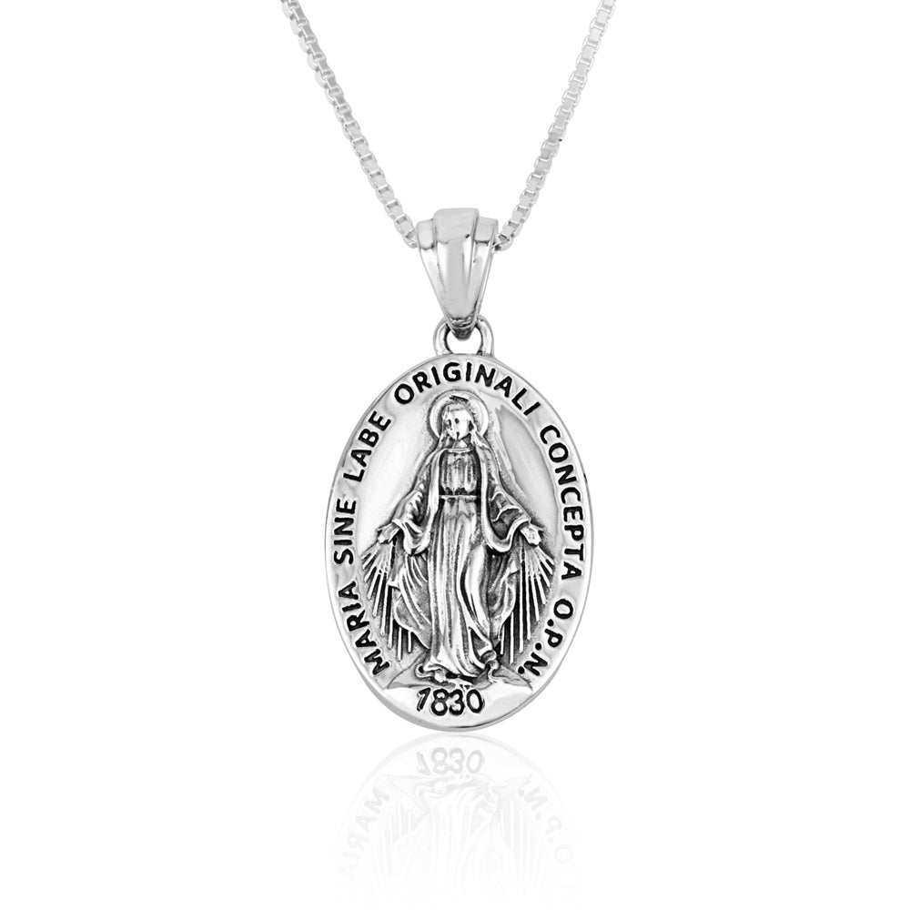 Miraculous Medal Pendant Necklace, Large Oval, Oxidized 925 Sterling Silver
