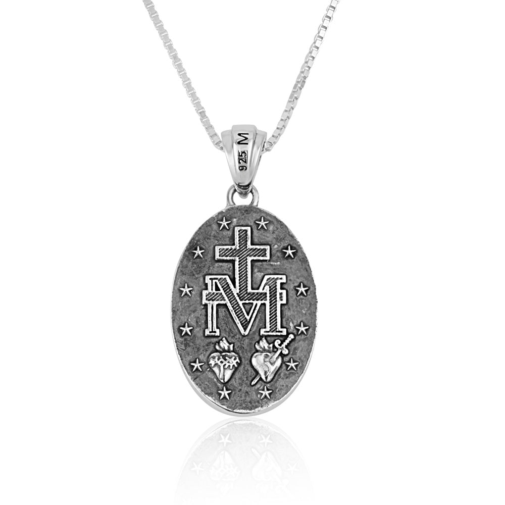 Miraculous Medal Pendant Necklace, Large Oval, Oxidized 925 Sterling Silver – back view