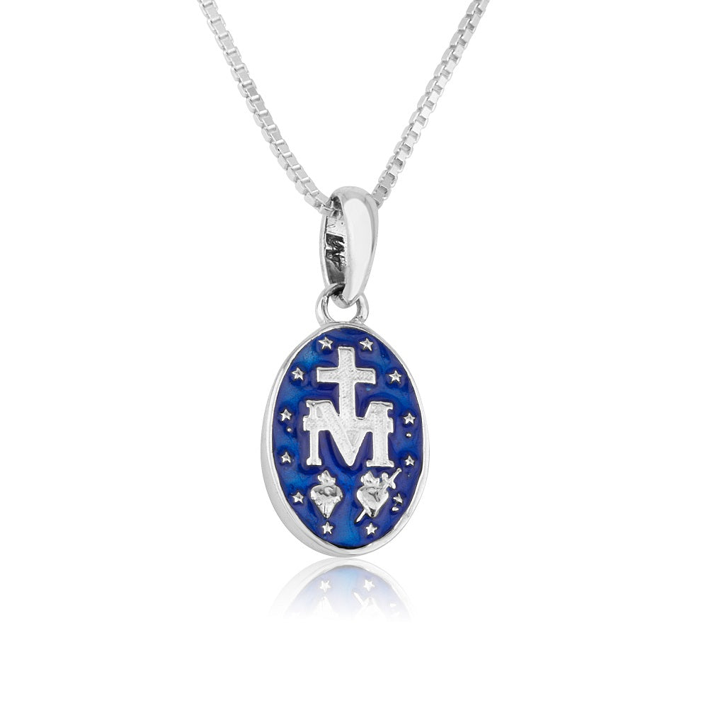Miraculous Medal Pendant Necklace in 925 Sterling Silver, Full Blue Enamel – back view