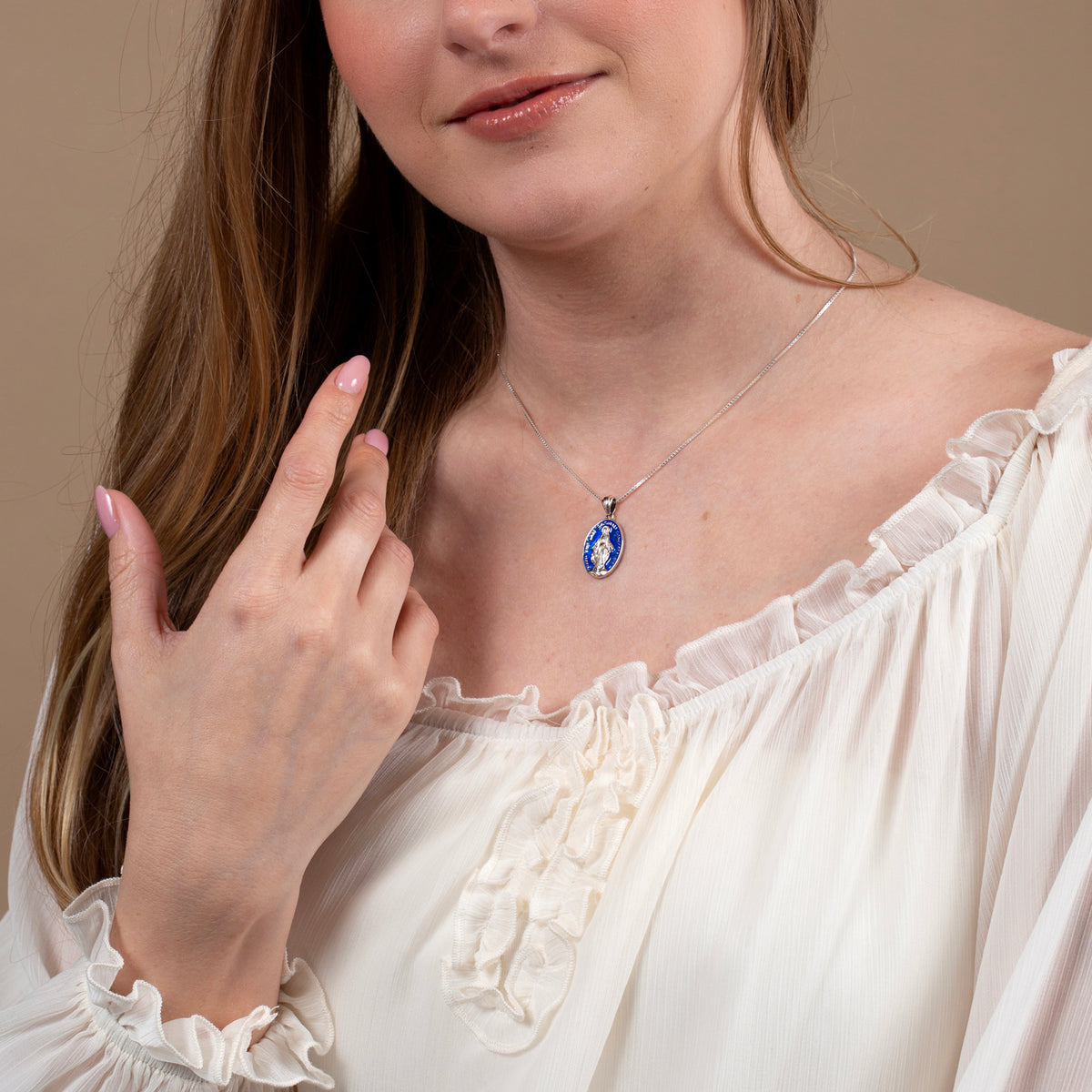 Miraculous Medal Pendant Necklace in 925 Sterling Silver, Full Blue Enamel – shown worn