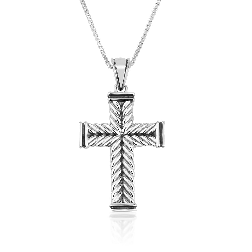 Cross Pendant Necklace, Chevron Texture, “God Bless” Inscription