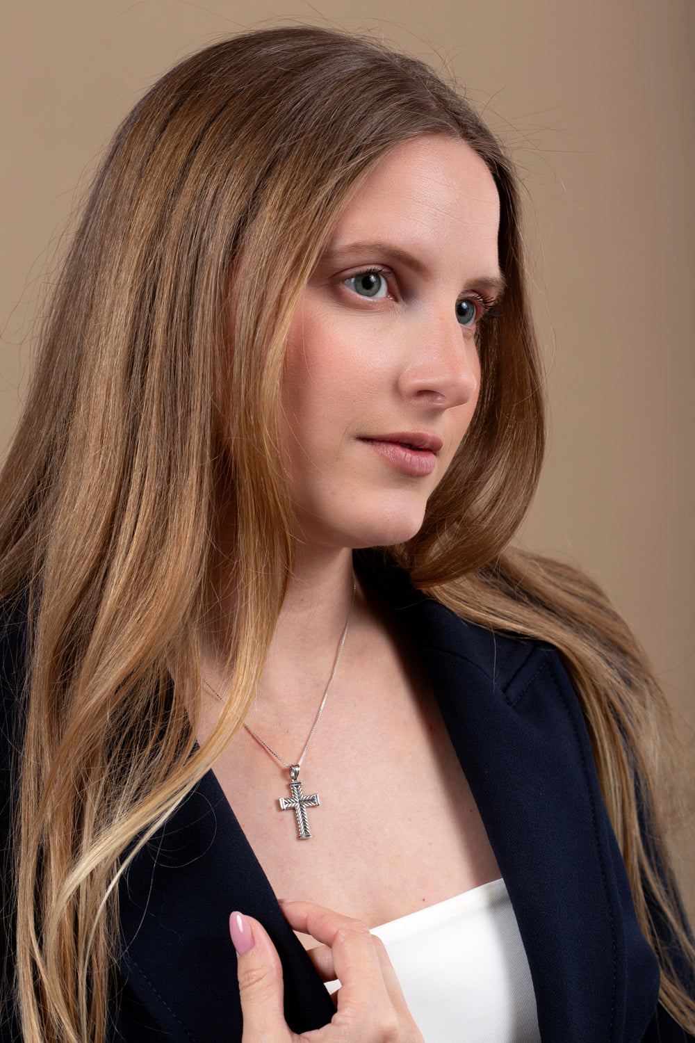 Cross Pendant Necklace, Chevron Texture, “God Bless” Inscription – shown worn