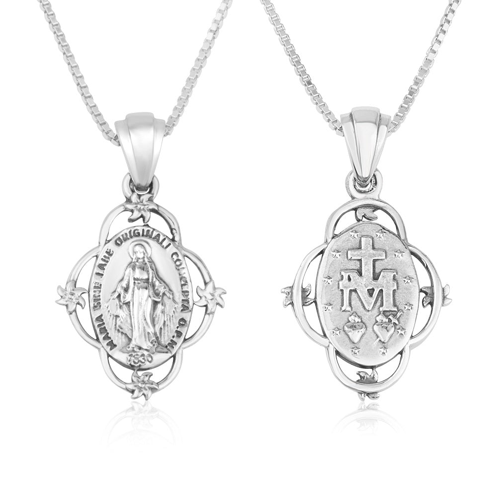 Miraculous Medal pendant necklace in 925 sterling silver with floral frame by Marina Jewelry