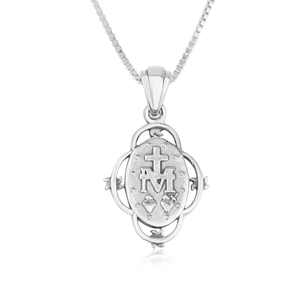 Miraculous Medal Pendant Necklace in 925 Sterling Silver, Floral Frame – back view