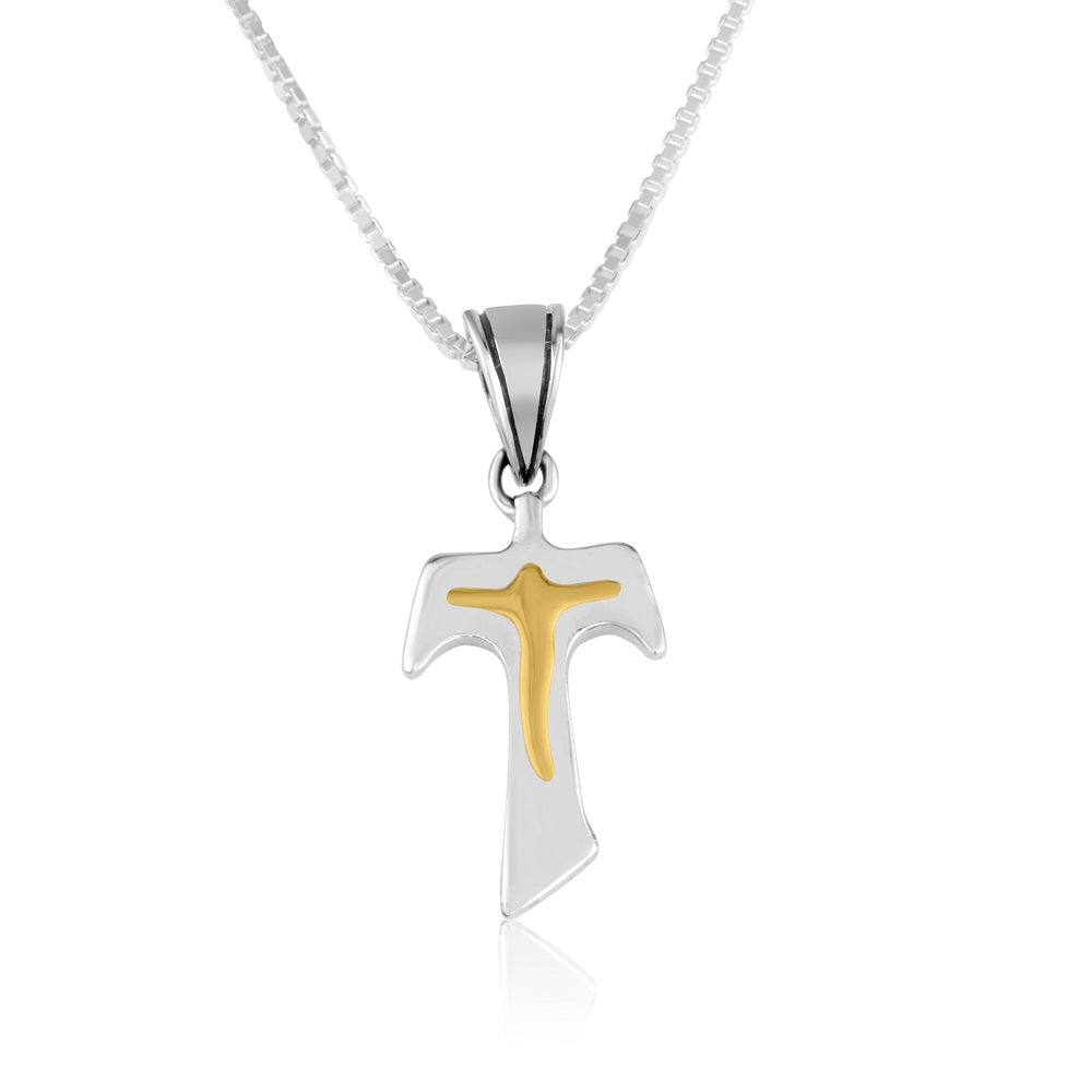 Tau cross pendant necklace with gold accent in 925 sterling silver by Marina Jewelry