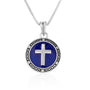 Blue enamel cross round medallion pendant necklace in 925 sterling silver by Marina Jewelry
