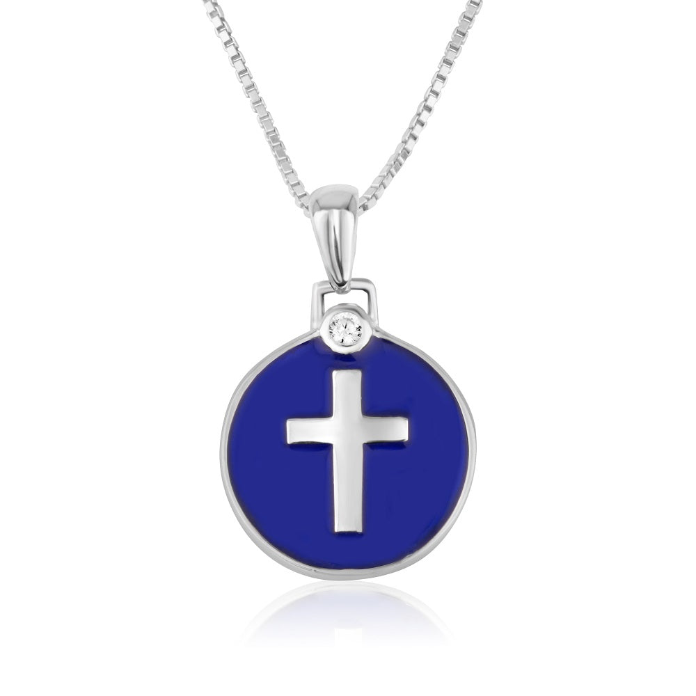 Mini blue enamel cross disc pendant necklace in 925 sterling silver by Marina Jewelry