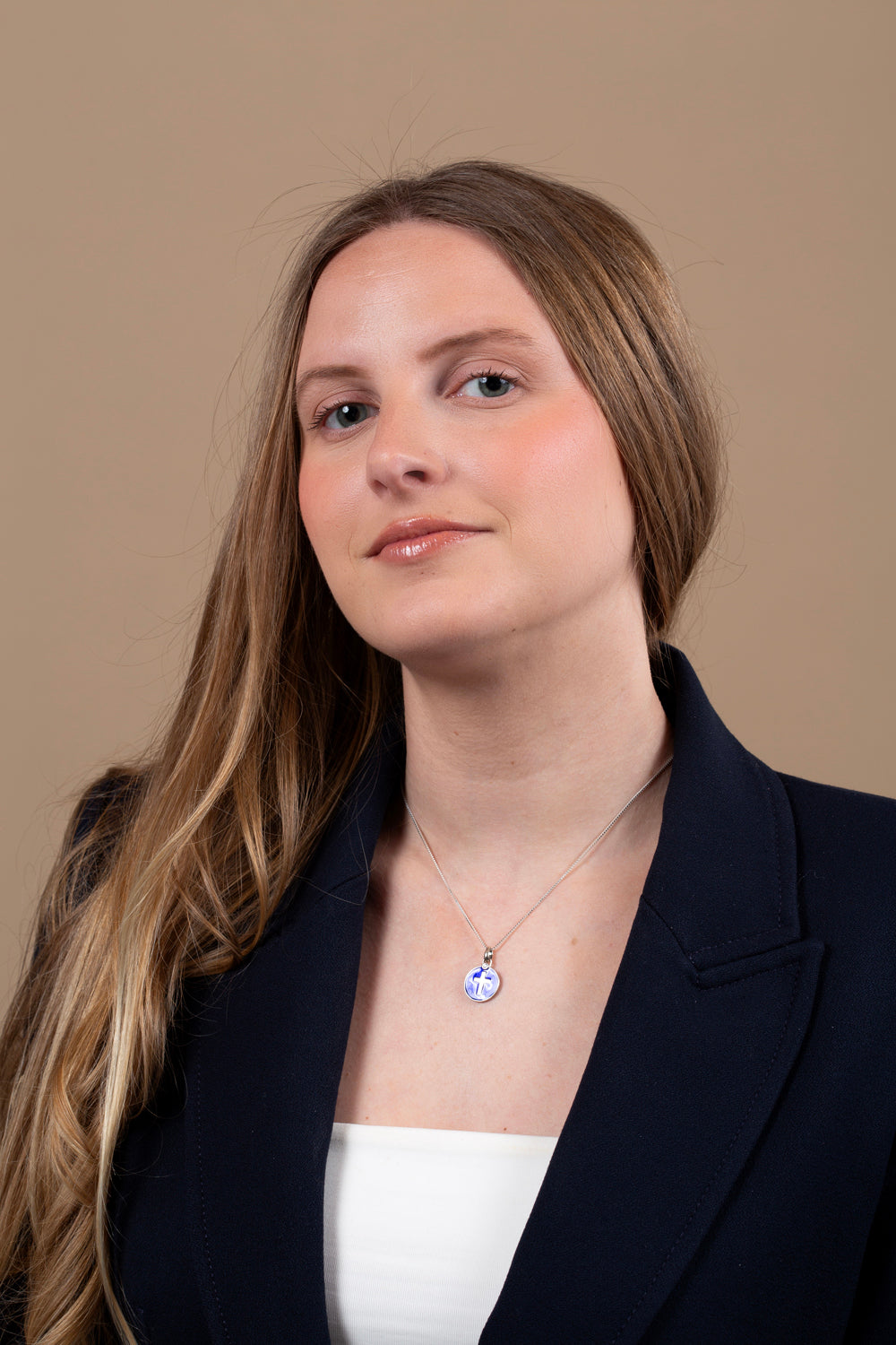 Cross Blue Enamel Mini Disc Pendant Necklace in 925 Sterling Silver – shown worn