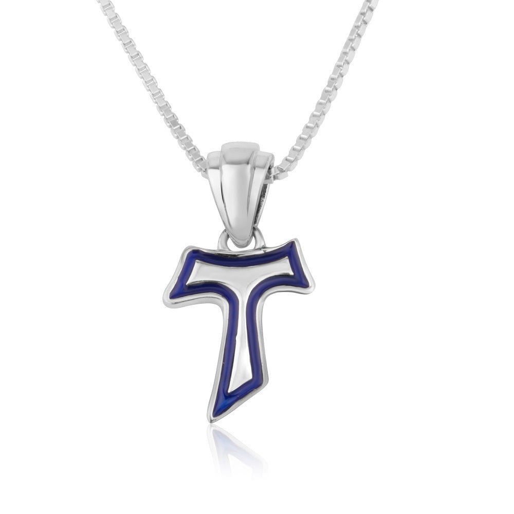 Tau cross pendant necklace in blue enamel 925 sterling silver by Marina Jewelry