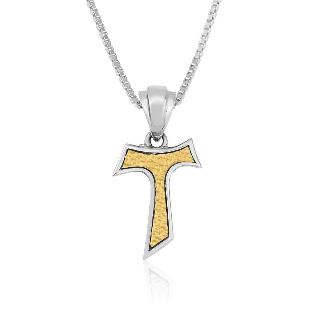 Hammered gold Tau cross pendant necklace in gold-plated 925 sterling silver by Marina Jewelry