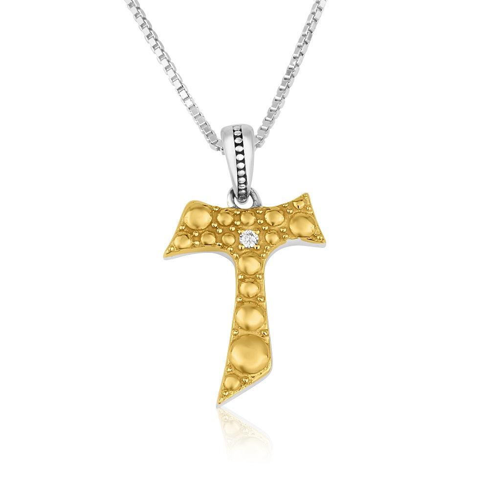 Tau cross pendant necklace with cubic zirconia in gold-plated 925 sterling silver by Marina Jewelry