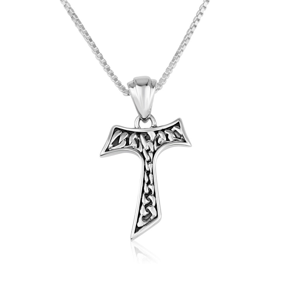 Chain-link Tau cross pendant necklace in oxidized 925 sterling silver by Marina Jewelry